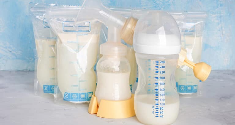 breast milk in storage bags and bottles